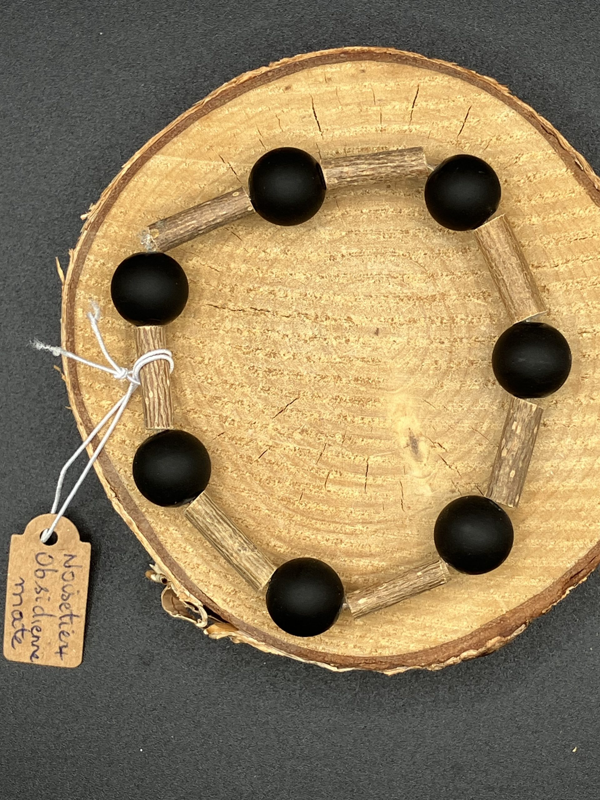 Bracelet en Noisetier, Obsidienne noire mate 12mm