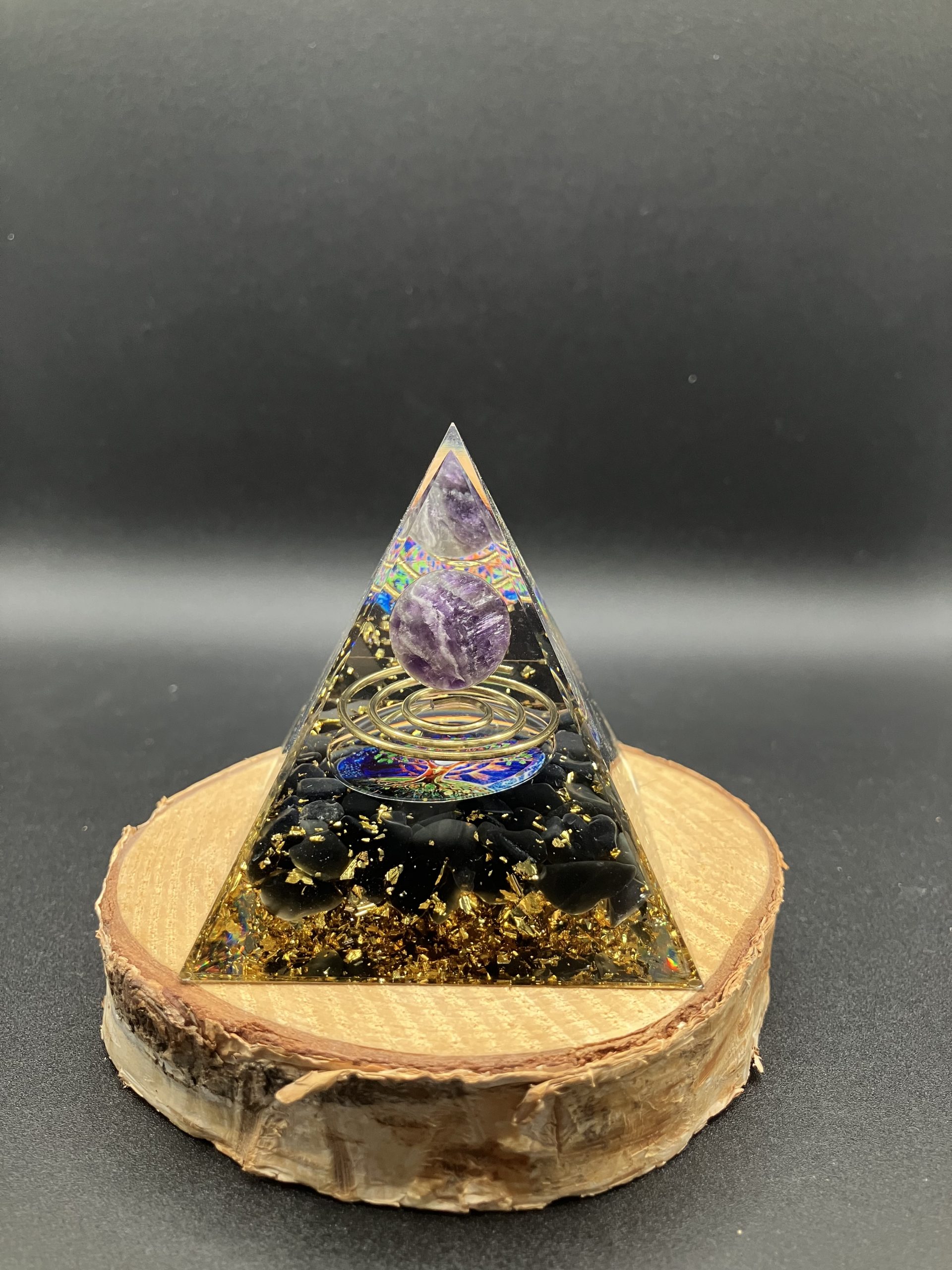 Orgonite 60mm - Arbre de vie - Améthyste et Obsidienne Noire