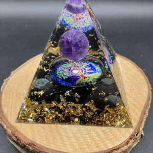 Orgonite 60mm - Arbre de vie spirale - Améthyste et Obsidienne Noire