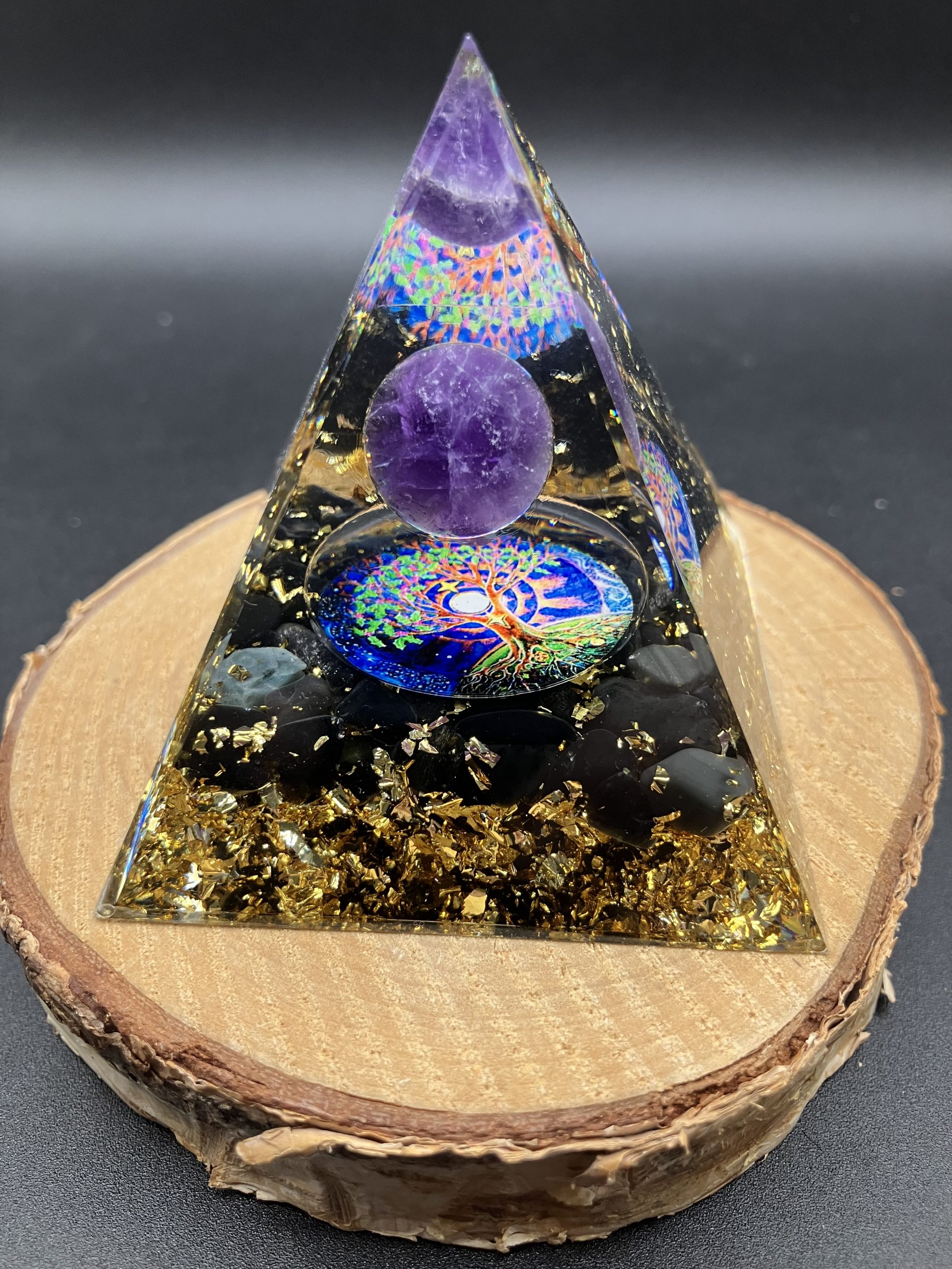 Orgonite 60mm - Arbre de vie spirale - Améthyste et Obsidienne Noire