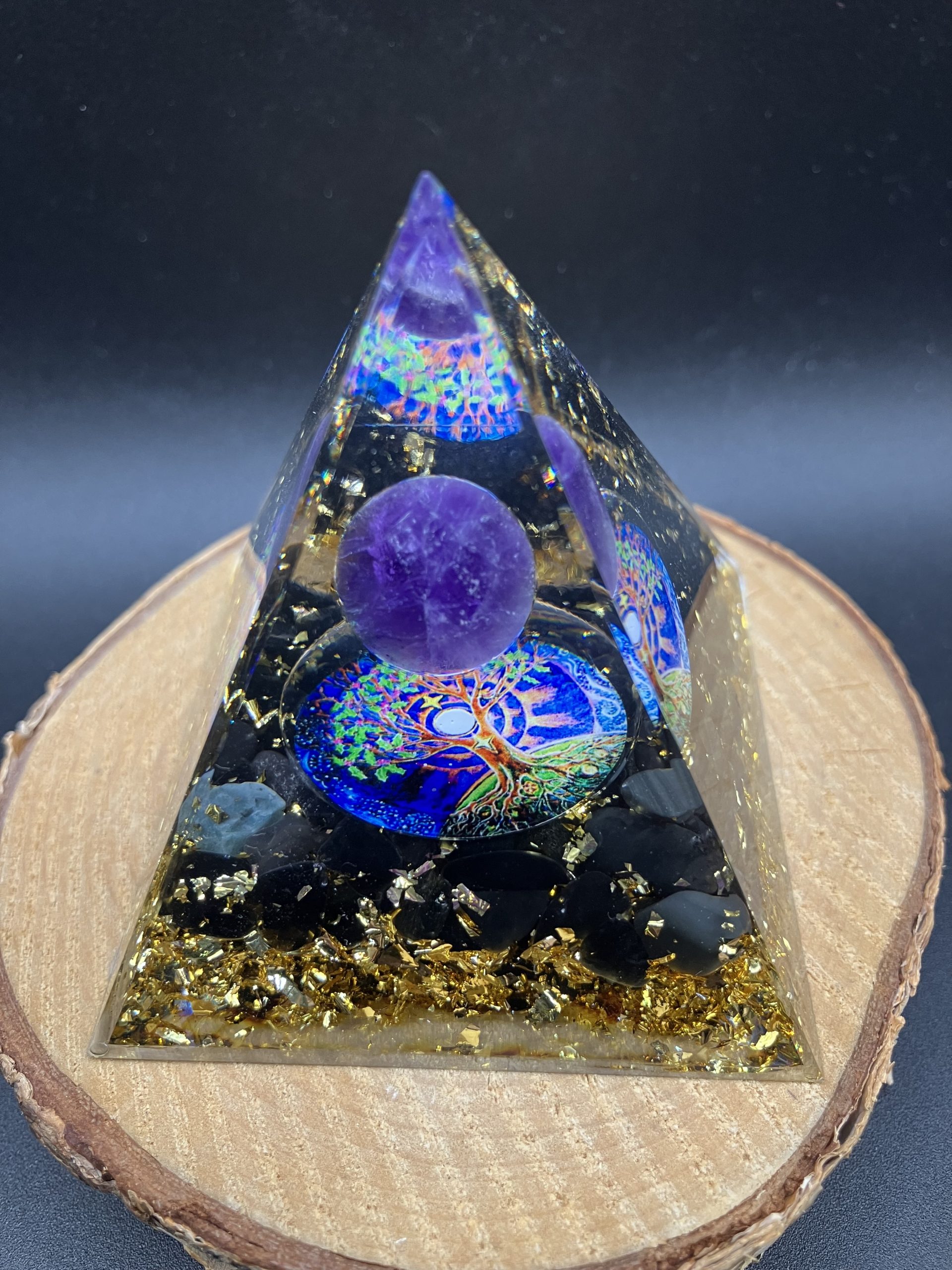 Orgonite 60mm - Arbre de vie spirale - Améthyste et Obsidienne Noire – Image 2