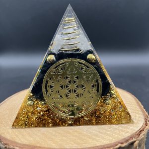 Orgonite 60mm - Fleur de vie étoile - cristal de roche et Obsidienne Noire