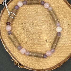 Bracelet en Noisetier, quartz rose 6mm et lépidolite 4mm