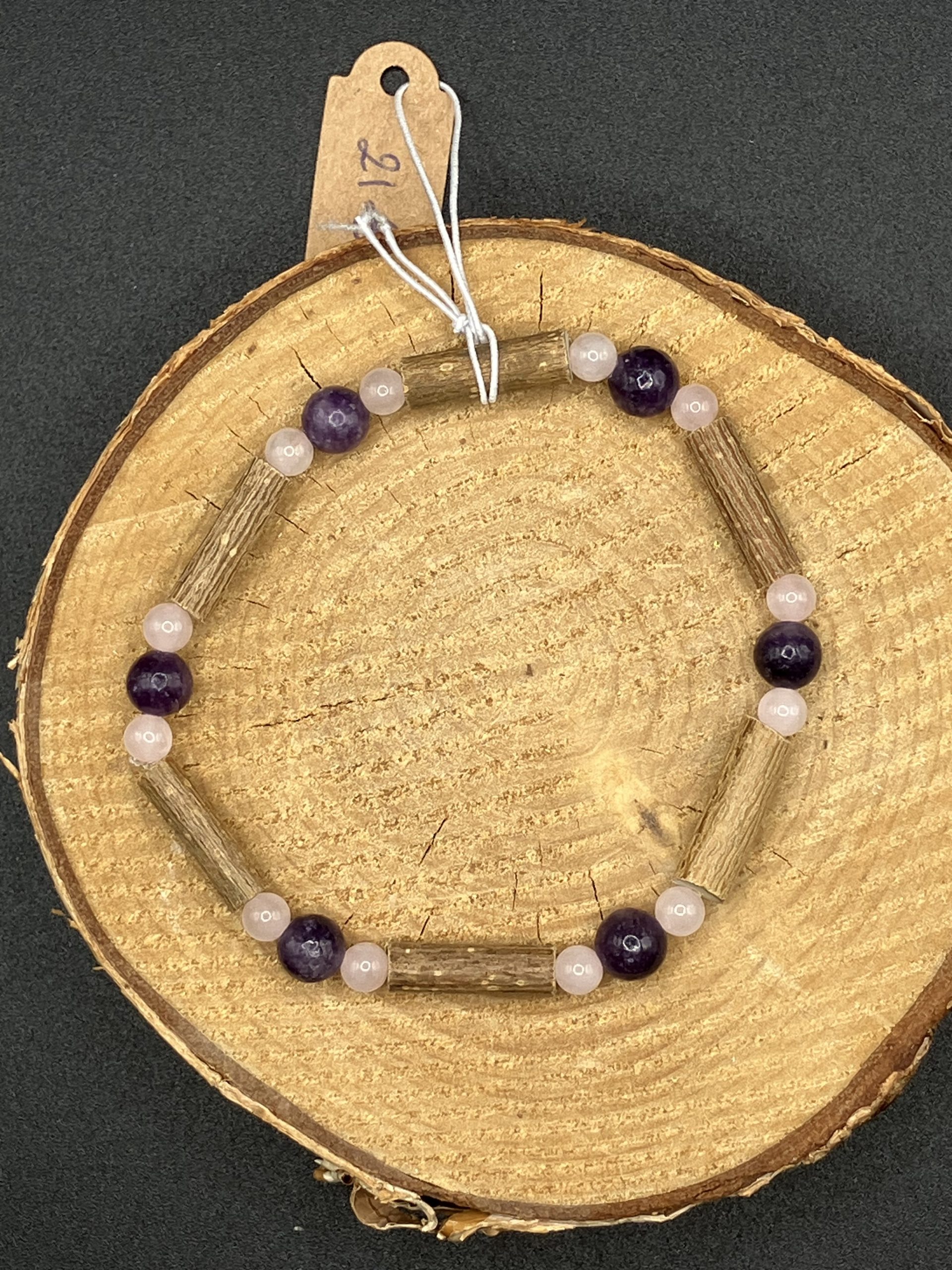 Bracelet en Noisetier, Lépidolte 6mm et quartz rose 4mm